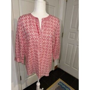 Talbots Red White Geometric Floral Henley Tunic Shirt Top  Lp Excellent